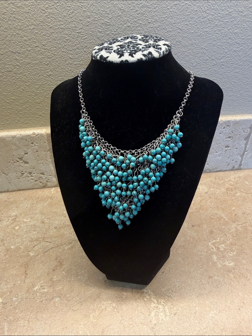 Turquoise & Silver Tone Bib Necklace
